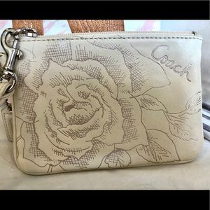 Coach Leather White Wristlet Silver Rose Painted